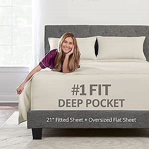 Extra Deep Pocket Twin Bed-Sheets – 3-Piece Includes: 18”-21” Inch Super Extra Deep Pocket Fitted Sheet – Oversize Flat Sheet – 1 Zipper Closure Pillowcase – Perfectly Fit – Twin Size – Beige Cream