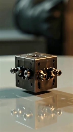 Mini piston-powered cube bot hopping in place with precise rhythmic lifts