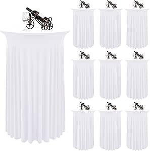 10 Packs Round Cocktail Table Skirt 24"x 43" Spandex Stretch Cocktail Tablecloth with Wavy Drapes, White Spandex Fitted High Top Table Covers for Wedding Bar Party Birthday Banquet Tables