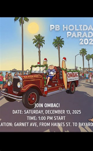 Join OMBAC as we cruise down Garnet Avenue in our classic 1927 Seagrave fire truck for the 45th Annual PB Holiday Parade. Give us a wave! 👋 Parade Details: 📅 Date: Saturday, December 13, 2025 ⏰ Time: Starts at 1:00 PM 📍 Location: Garnet Ave, from Haines St. to Bayard St. #ombac #PBHolidayParade #pacificbeach #OTL #overtheline #beachlife #sandiego #beach #fun #instagood | OMBAC - Old Mission Beach Athletic Club