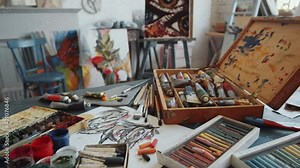 Selective focus arc shot of various art supplies for painting and drawing on table in studio