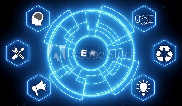 Futuristic Digital Hub with EKS Text and Hexagonal Icons on Dark Background technology innovation