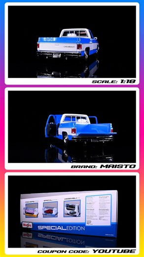 1974 Chevrolet C10 Cheyenne Super Pickup Truck Blue and White 1/18 Diecast Model Car by Maisto 4K