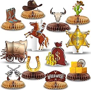 12 Pcs Western Cowboy Party Decorations Honeycomb Centerpieces - Double-Sided 3D Table Toppers for Wild West Theme, My First Rodeo Birthday, Nashville Bachelorette & Baby Shower Supplies