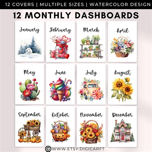 12 Monthly Planner Covers Bundle,digital Monthly Dividers,watercolor A5 Printable Monthly Dashboards,monthly Title Pages Tabs Template Pdf - Etsy