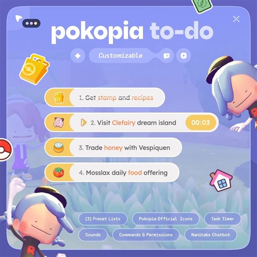 I decided to launch it earlier 🍃 the Pokopia To-do Widget is out now!! 🩵⟡ Stay organized while playing Pokopia 🌱⟡ Comes with (3) preset lists — Daily, Goals & Manual⟡ Use commands to control your tasks and lists⟡ Nanitabs chatbot integration🔗 All links below