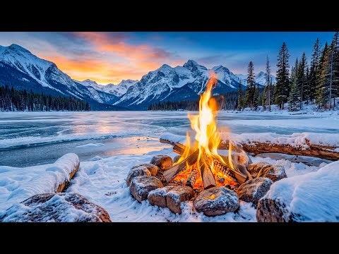 🔥 Winter Campfire by the frozen lake. Fire Sounds and Nature Atmosphere