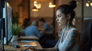 Focused Woman with Tattoos Working on a Computer in a Modern Office