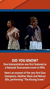 3.7K views · 61 reactions | Duo Interpretation is a beloved event for many! It's only been part of the National Speech & Debate Tournament since 1996! That's right—the first round of Duo Interpretation debuted at the 1996 National Tournament in Fayetteville, North Carolina. As we count down to the Centennial, we are looking back on some memorable performances. Watch the first ever Duo Interpretation champions from 1996. Enjoy! | National Speech & Debate Association | Facebook