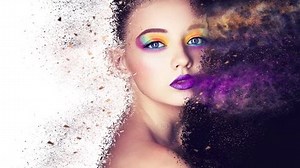 fashion model woman make up dissolving away into little particles