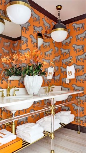 EDITH-ANNE DUNCAN on Instagram: "Orange and brown are my favorite Fall color combinations. Insert an equestrian motif, touches of lucite, brass and custom appliqué monograms….yes! What is your favorite elements in our #AlleysSouthernGrace Powder Room? 📷 @_dpphoto_ #myleontine #schustagram #edithanneduncan #orangeandbrown #equestrianhomedecor #interiordesign"