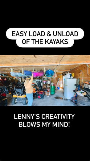 Easy load and u lnload of the kayaks in the cubbies he built. The rope in front allows me to prevent the kayak from falling down when I’m loading or unloading one. Lenny’s creativity blows my mind! #creativity #kayak #blowmymind #wow #create #kayakadventures #icandoit | Tanya Fralick Jennison