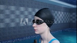 Young girl putting on swimming goggles in an indoor swimming pool before training