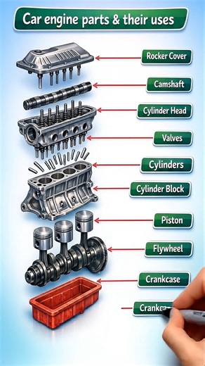 Car engine main components overview. #USAutomotive #CarEngine #MechanicalEngineeringUSA | Mechanical Engineering
