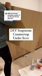 Step by Step $100 Soapstone Countertop 👇🏻 - Buy a sheet of 3/4” MDF. What size you buy will depend on the size of your countertop but I bought a 4x8 sheet. They run about $50-$60. - Cut your MDF to size. You can have @homedepot cut it to size for you or you can do it yourself! Make sure if you’re doing it yourself you wear a mask and glasses. The dust is nasty stuff. - Mix your black and white paint to make the shade of grey you want. Roll on enough coats to completely cover the sheet. (I did 
