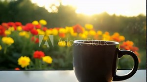 Serene morning scene with a radiant sunrise illuminating colorful flowers outside a window, accompanied by a black coffee cup on the windowsill