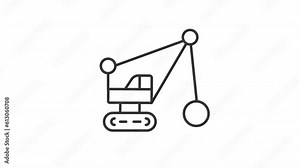Animated destruction crane line icon. Wrecking ball swinging animation. Demolition equipment. Heavy machinery. Loop HD video with alpha channel, transparent background. Outline motion graphic