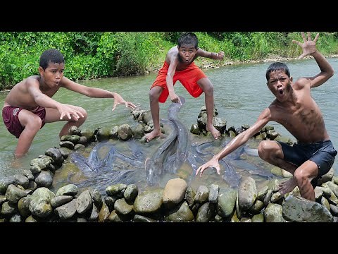 Cooking fish, building a stone dam catch and cook eating delicious | Primitive technology