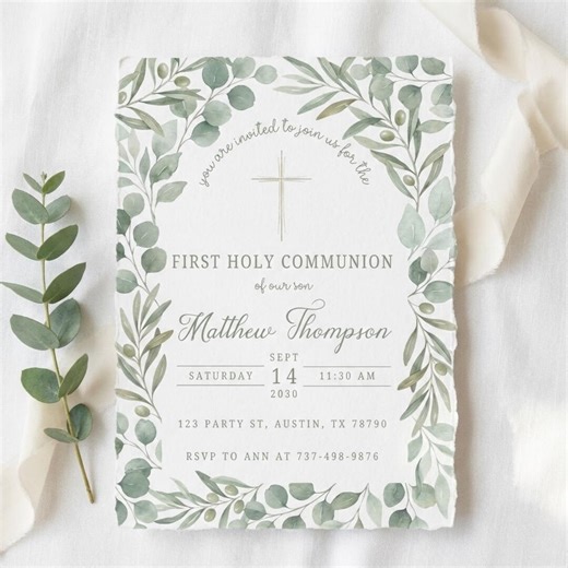 First Holy Communion Invitation | Greenery Holy Communion Invite | Catholic First Communion Printable | Boy Communion Digital - Etsy