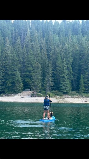 Benji’s first time paddle boarding at Chinook Lake, a beautiful mountain lake in the Crowsnest Pass area, Alberta , Canada. #beautifulalberta #summer2025 #latepost #familytime #familyfun #poddlelove | Marie Chel
