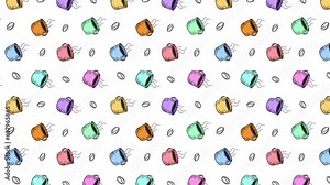 4K animated hot coffee cup and coffee beans vertical motion pattern Steaming coffee cups Vector vintage hand drawing style repeatable background Can be used for cafe advertising designs or menu design