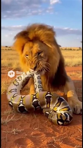 Lion eats python
