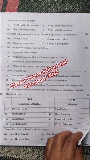 Class 11 home Science midterm exam paper 2025 / home Science mid term paper 27/9/2025 class 11 cbse