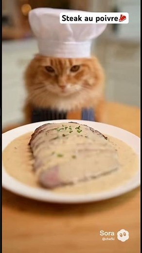 Making the Steak au poivre 🧑‍🍳 🐱 #food #cookingshow #steak #sora #AI