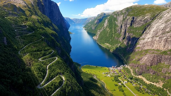 Lysefjord – Norway – Winding Mountain Road and Fjord Landscape in 4K
