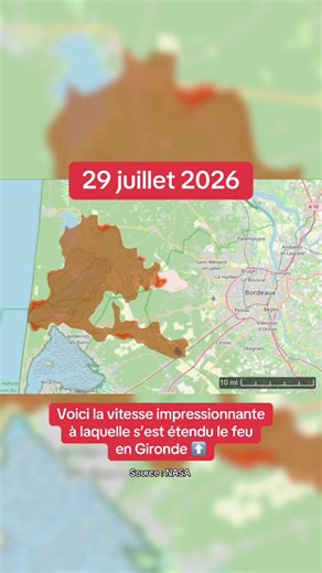 🚨 Aujourd’hui, le mégafeu de Gironde ne progresse plus : il est fixé, mais pas encore totalement éteint. Cette animation de la NASA montre, jour après jour, l'étendue impressionnante des incendies près de Bordeaux entre le 23 et le 29 juillet 2026. 🟠 Les formes colorées représentent les périmètres de feu détectés depuis l’espace. On voit une progression par à-coups. 💨 Le feu ralentit parfois, puis s’étend brutalement lorsque le vent se renforce et que l’air devient très sec. Le principal ince