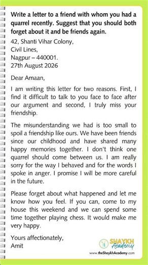 Write a letter to a friend with whom you had a quarrel recently | English Informal Letter