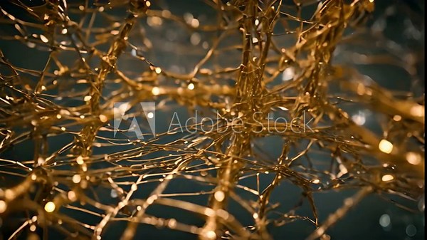 Close-up view of a gold neural network structure with interconnected nodes and pathways