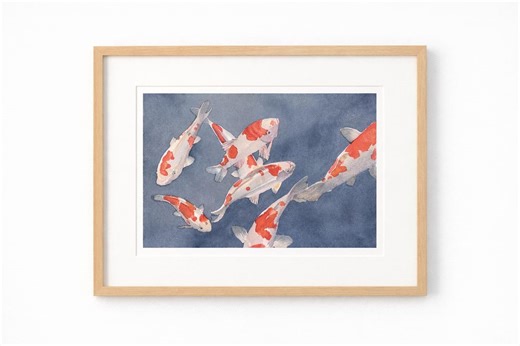 Koi Fish Watercolor Art Print | Calming Blue, Orange Accents (11x14in Matted to Frame Size - Etsy