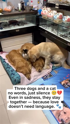 189K views · 2K reactions | Three dogs and a cat… no words, just silence 梁 Even in sadness, they stay together — because love doesn’t need language.  #DogsOfFacebook #CatAndDogs #TrueFriendship #HeartTouching #animallover | DailyLoop USA | Facebook