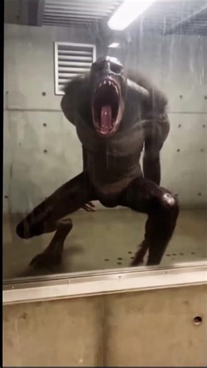 Grainy footage seen through reinforced glass reveals a massive creature confined within a cell