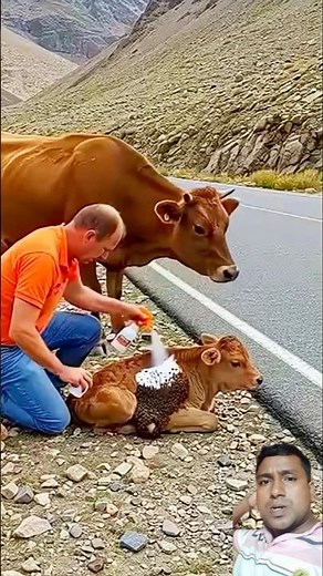 A Kind Man Saves Baby Cow on Mountain Road #animals #kindness #heartwarming #calf #cow #wildlife
