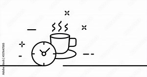 Coffee break. Clock and a cup of coffee. Schedule, work, time table, management, employee. Business concept. One line drawing animation. Motion design. Animated technology logo. Video 4K
