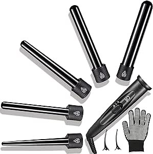 5 In 1 Curling Wand Set, Curling Iron Interchangeable Ceramic Barrels (0.35-1.25 Inch), Heating Hair Curler Kit with Protective Glove & 2 Clips Ceramic Coated for All Hair Types, Gift for Girls, Women