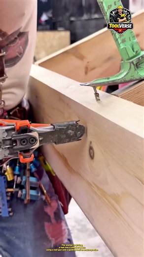 Precision Technique for Driving Nails into Wooden Beams Using a Nail Gun #constructionwork