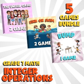 5 No Prep Math Games Bundle B - Integer Operations - Grade 7 Review Activity