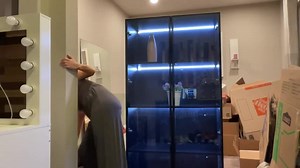 FUFU&GAGA 63 in. H x 31.5 in W Black Wood 3-Shelf Bookcase Bookshelf With 3-Color LED Lights and Tempered Glass Doors KF020275-01-cc