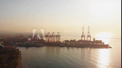 Static aerial view Port of Mersin with container ship in an international container port, Turkey in Mediterranean Sea