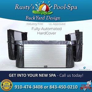 Get into your new spa from 💦 Rusty's Pool-Spa and Backyard Design!💦Shown here is the Strong Spas' exclusive and industry-leading Fully-Automated HardCover, the pinnacle of convenience and innovation. Servicing the coastal NC & SC areas. Satisfaction Guaranteed. Call for a free estimate: (910) 474-3408 or (843) 450-0210 | Carolina Bulletin 2.0