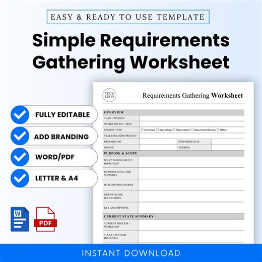 Simple Requirements Gathering Worksheet Template – Word & PDF, A4   US Letter - Etsy
