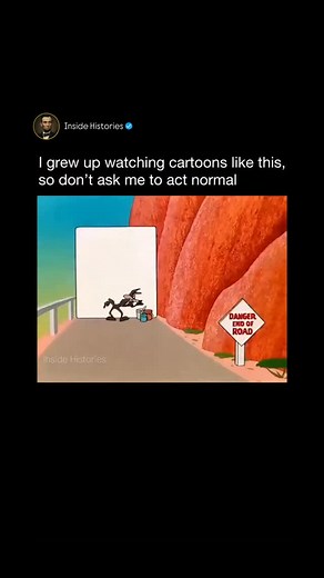 Inside Histories on Instagram: "Follow(us) @insidehistories Looney Tunes era features the eternal struggle between Wile E. Coyote and the Road Runner, perfectly illustrating the "Toon Force" laws of physics. The Setup: Wile E. Coyote attempts a high-concept trap by placing a freestanding door frame in the middle of a desert road. Inside the frame, he has placed a realistic painting of a road continuing into the distance (complete with clouds), intending to confuse the bird or lead him off a clif