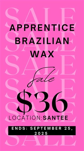 🚨What is apprentice Brazilian wax for women❓ It’s a regular Brazilian wax done by our newly hired esthetician (Daisy) who has completed our waxing academy with Celeste. ⚠️Available at our Santee location only. ⚠️This offer will expire on September 25, 2025. 👉No exceptions Limited time offer! Please get to know our new team members with our apprentice Brazilian wax service. The same great service you love at a discounted price. Please book online or give us a call to schedule. #waxing #brazilia