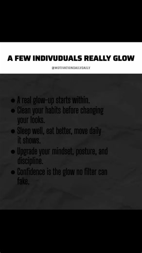 ✨ Glow-Up Tips (Inside & Out) A real glow-up starts within. Clean your habits before changing your looks. Sleep well, eat better, move daily — it shows. Upgrade your mindset, posture, and discipline. Confidence is the glow no filter can fake. Tags: #GlowUpJourney #SelfImprovement #confidenceboost #wisdom #Tips