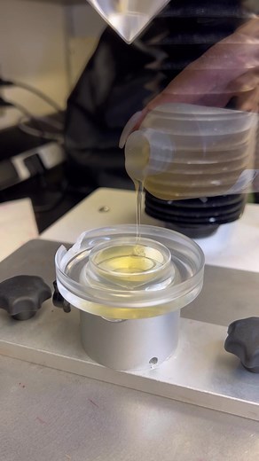 The texture analyzer measures a variety of qualities for different cosmetic products. Spreadability tests measures the stickiness and firmness of liquid products. In this video, a viscous emollient is poured into the sample holder then pressed by the cone. The texture analyzer quantifies the stickiness and those measurements can be used for the formulation process. #texture #formulation #science #cosmeticscience #personalcareproducts #cosmeticchemist #cosmeticchemistry #fuelingtomorrows #gorocke
