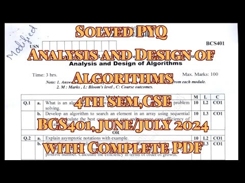 Analysis and Design of Algorithms, solved PYQ, BCS401, june/july.24, 22 scheme, CSE Stream with pdf