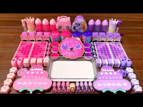 ASMR Slime Mixing Random Things: Pink vs Purple Glossy Swirls
